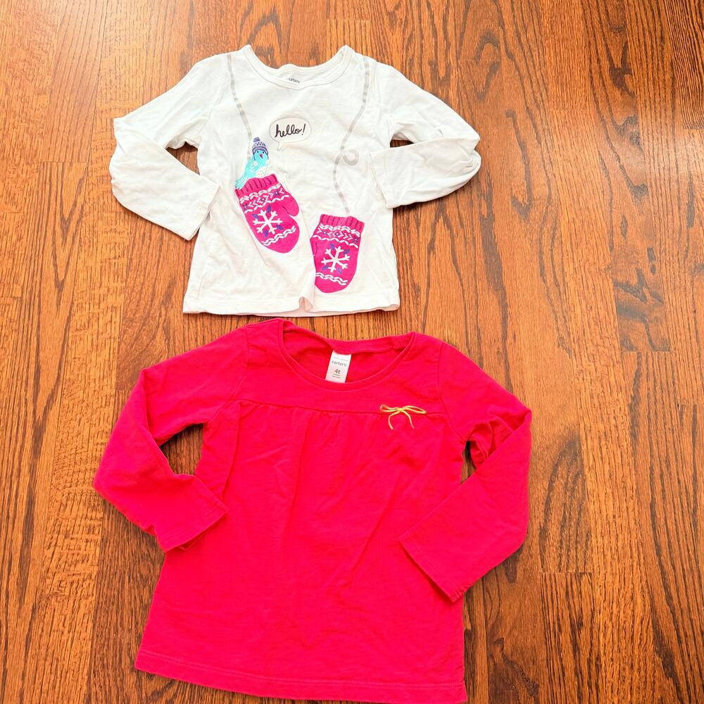Carter's Girl's Long Sleeve Holiday Winter Red and White Shirt Bundle - 4T